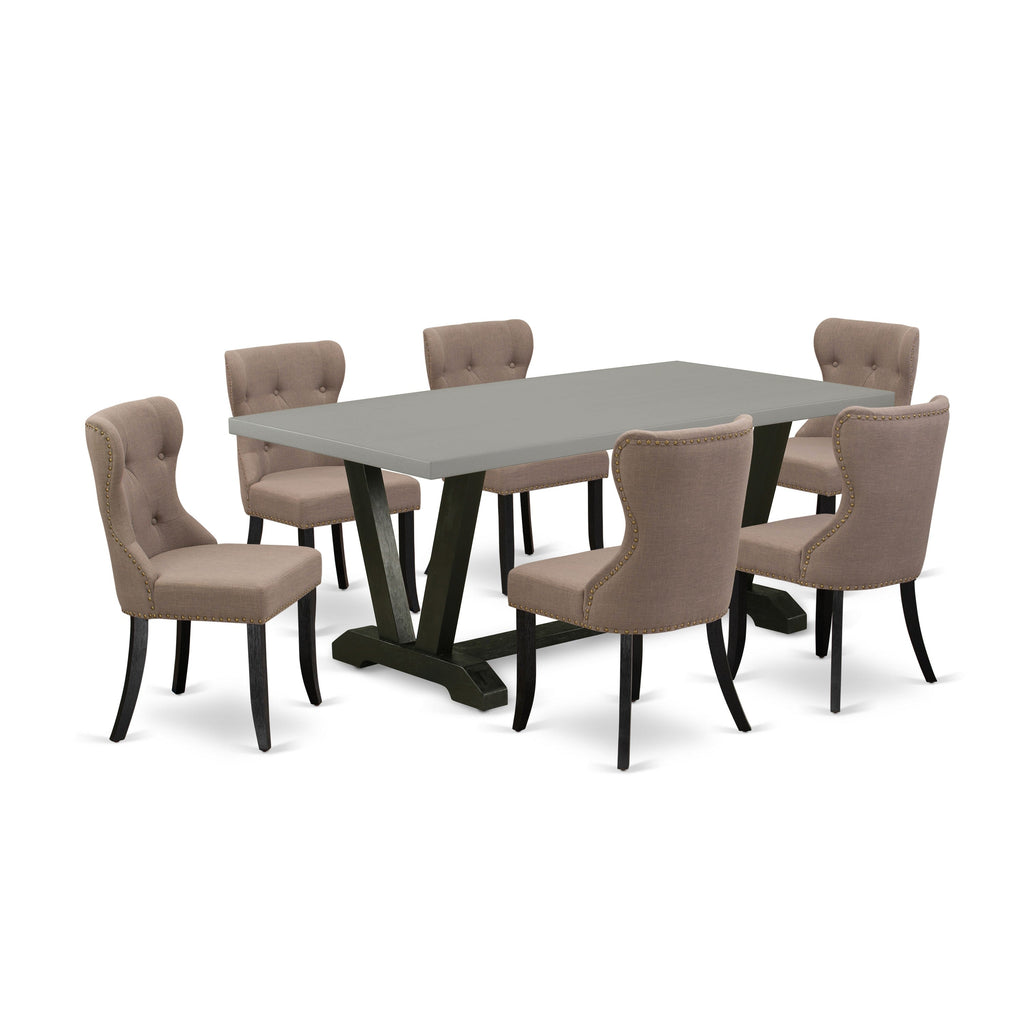 East West Furniture V697SI648-7 7 Piece Dining Room Table Set Consist of a Rectangle Dining Table with V-Legs and 6 Coffee Linen Fabric Upholstered Chairs, 40x72 Inch, Multi-Color