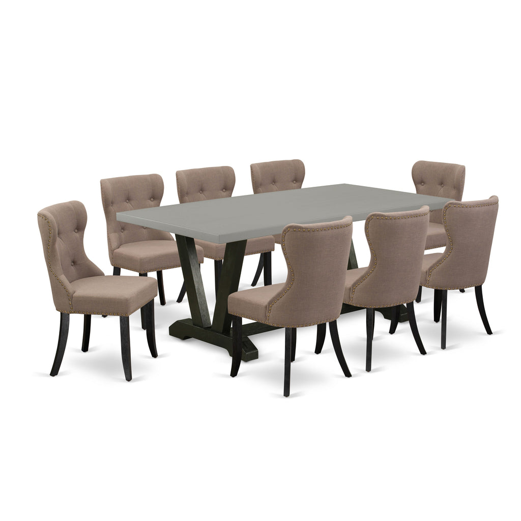 East West Furniture V697SI648-9 9 Piece Dining Room Furniture Set Includes a Rectangle Dining Table with V-Legs and 8 Coffee Linen Fabric Upholstered Chairs, 40x72 Inch, Multi-Color