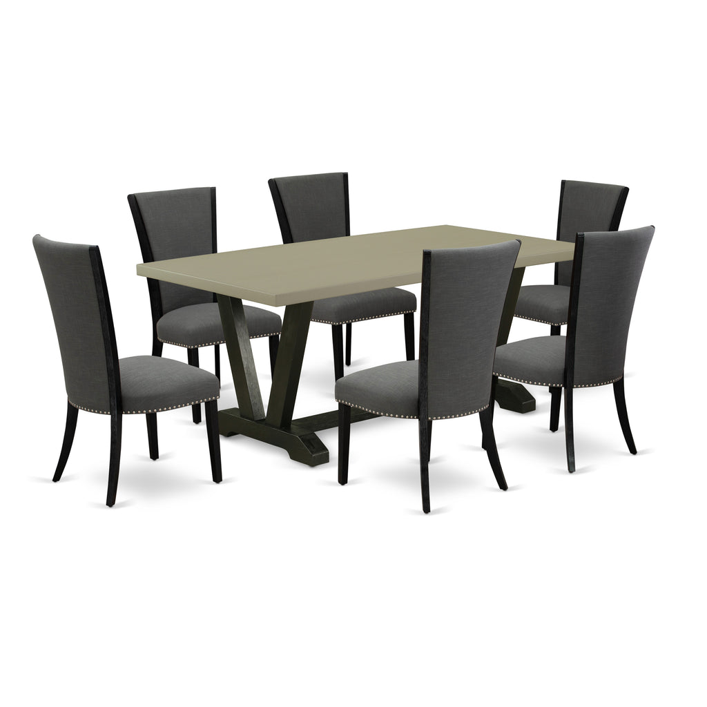V697VE650-7 7Pc Kitchen Set - 40x72" Rectangular Table and 6 Parson Chairs - Wirebrushed Black & Cement Color