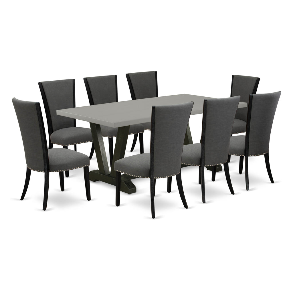 East West Furniture V697VE650-9 9 Piece Dining Table Set Includes a Rectangle Dining Room Table with V-Legs and 8 Dark Gotham Linen Fabric Upholstered Chairs, 40x72 Inch, Multi-Color