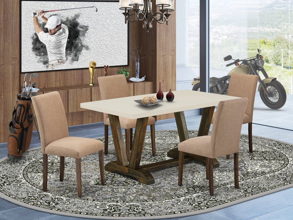 East West Furniture V726AB747-5 5-Pc Dining Room Table Set Includes 4 Dining Chairs with Upholstered Seat and High Back and a Rectangular Dining Table - Distressed Jacobean Finish