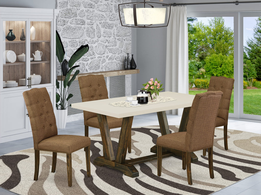 East West Furniture V726EL718-5 5-Pc Dining room Set Included 4 Kitchen Dining chairs Upholstered Seat and High Button Tufted Chair Back and Rectangular Mid Century Dining Table with Linen White Dining room Table Top - Distressed Jacobean Finish