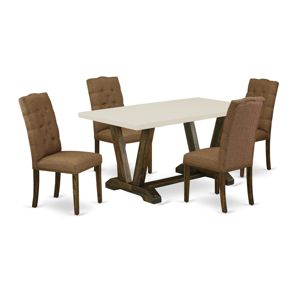 East West Furniture V726EL718-5 5-Pc Dining room Set Included 4 Kitchen Dining chairs Upholstered Seat and High Button Tufted Chair Back and Rectangular Mid Century Dining Table with Linen White Dining room Table Top - Distressed Jacobean Finish