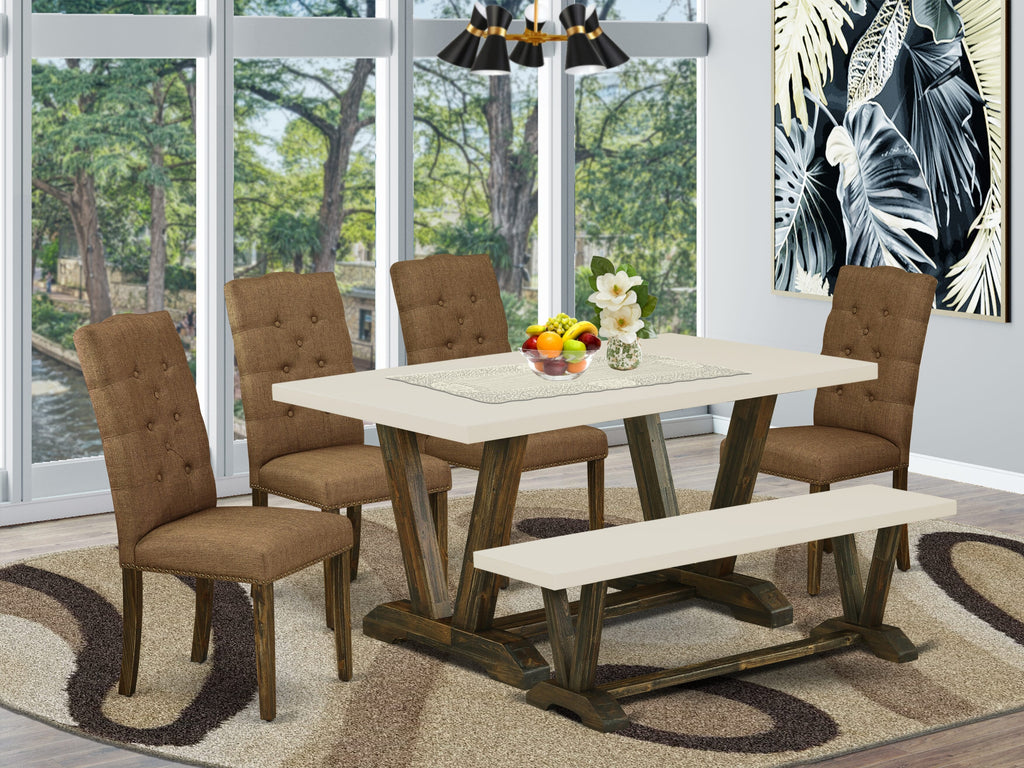 East West Furniture V726EL718-6 6-Pc Dining -Brown Beige Linen Fabric Seat and Button Tufted Chair Back Parson Dining chairs, A Rectangular Bench and Rectangular Top Dining room Table with Solid Wood Legs - Linen White and Distressed Jacobean Finish