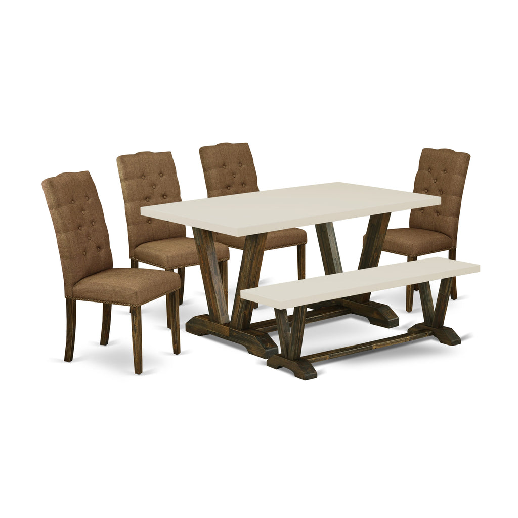 East West Furniture V726EL718-6 6-Pc Dining -Brown Beige Linen Fabric Seat and Button Tufted Chair Back Parson Dining chairs, A Rectangular Bench and Rectangular Top Dining room Table with Solid Wood Legs - Linen White and Distressed Jacobean Finish