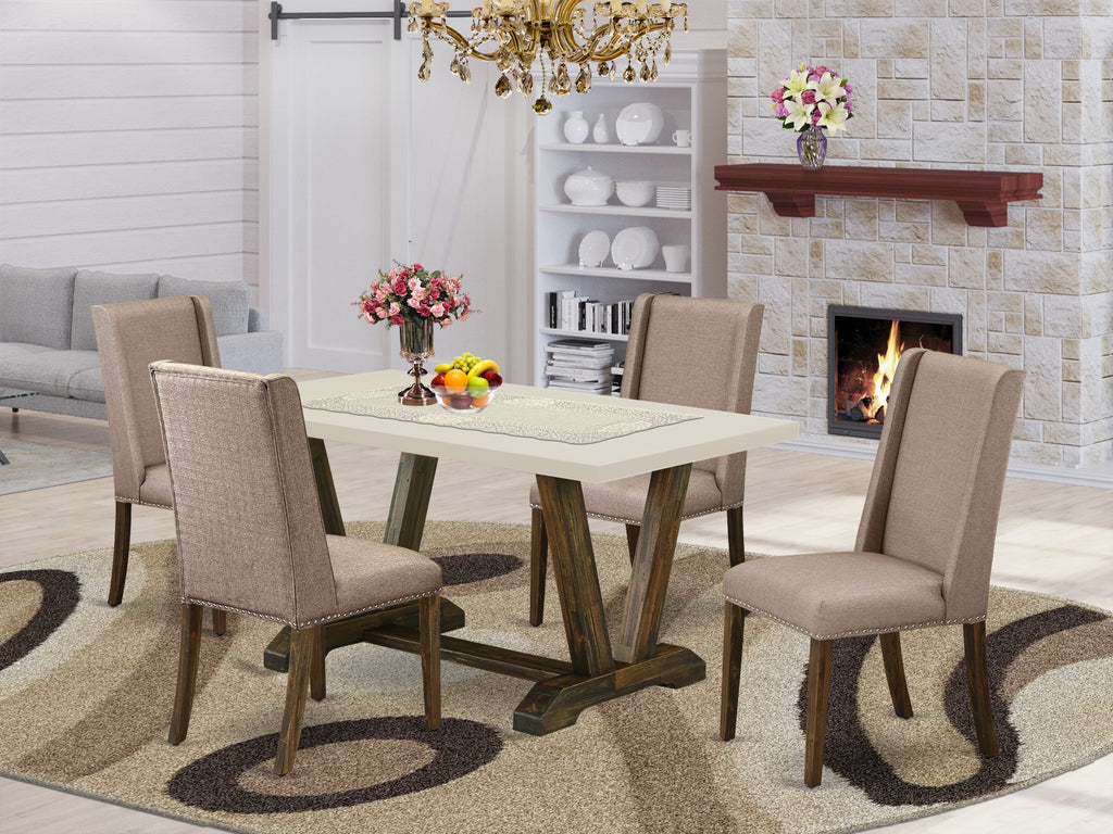 East West Furniture V726FL716-5 5-Piece Modern Dinette Set Included 4 Kitchen Dining chairs Upholstered Seat and Stylish Chair Back and Rectangular Dining room Table with Linen White Dinette Table Top - Distressed Jacobean Finish