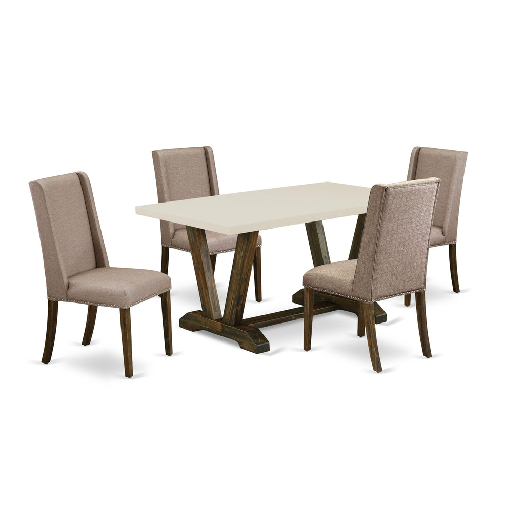 East West Furniture V726FL716-5 5-Piece Modern Dinette Set Included 4 Kitchen Dining chairs Upholstered Seat and Stylish Chair Back and Rectangular Dining room Table with Linen White Dinette Table Top - Distressed Jacobean Finish