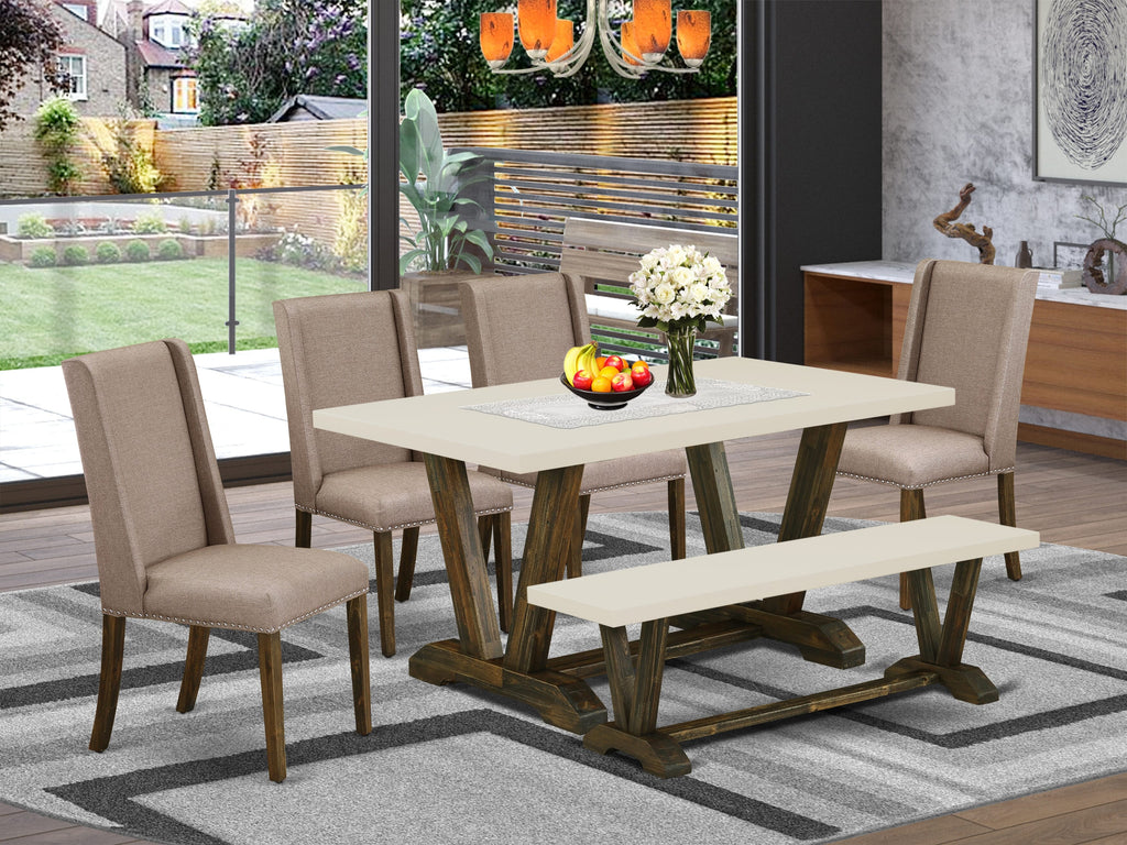 East West Furniture V726FL716-6 6-Pc Mid Century Dining Table Set-Dark Khaki Linen Fabric Seat and Upholstered Dining chairs, A Rectangular Bench and Rectangular Top dining table with Hardwood Legs - Linen White and Distressed Jacobean Finish