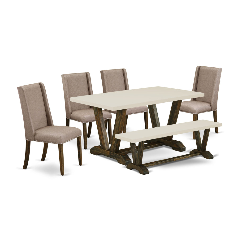 East West Furniture V726FL716-6 6-Pc Mid Century Dining Table Set-Dark Khaki Linen Fabric Seat and Upholstered Dining chairs, A Rectangular Bench and Rectangular Top dining table with Hardwood Legs - Linen White and Distressed Jacobean Finish