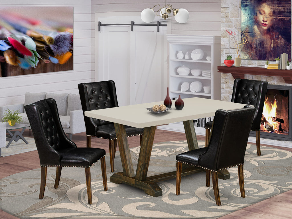 East West Furniture V726FO749-5 5 Piece Modern Dining Table Set Includes a Rectangle Wooden Table with V-Legs and 4 Black Faux Leather Upholstered Parson Chairs, 36x60 Inch, Multi-Color