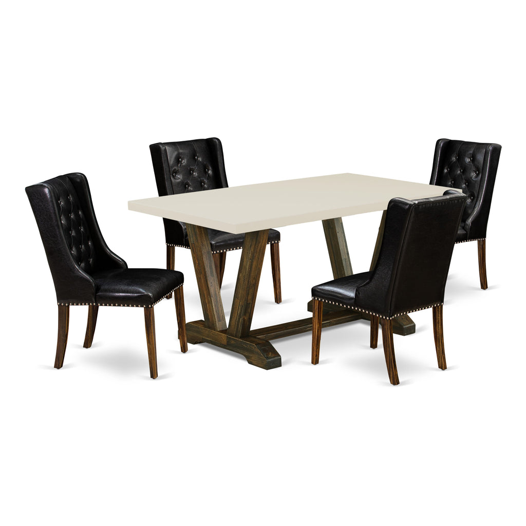 East West Furniture V726FO749-5 5 Piece Modern Dining Table Set Includes a Rectangle Wooden Table with V-Legs and 4 Black Faux Leather Upholstered Parson Chairs, 36x60 Inch, Multi-Color