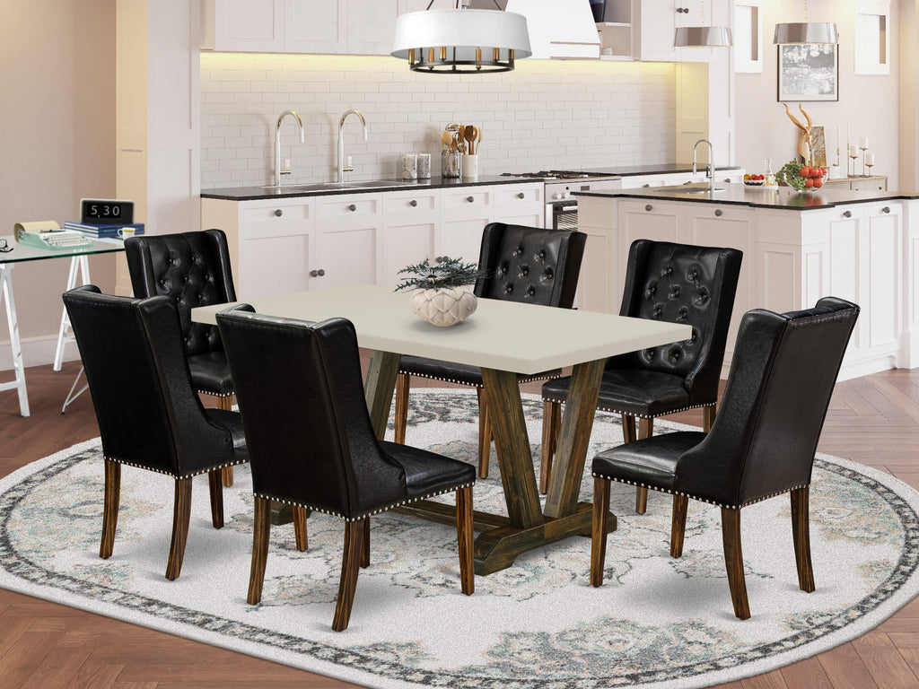 East West Furniture V726FO749-7 7 Piece Dining Table Set Consist of a Rectangle Dining Room Table with V-Legs and 6 Black Faux Leather Upholstered Parson Chairs, 36x60 Inch, Multi-Color