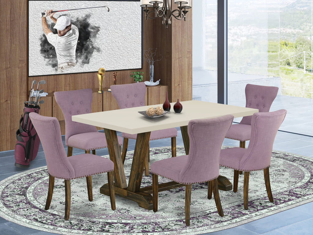 East West Furniture V726GA740-7 7-Piece Modern Dining Set- 6 Upholstered Dining Chairs with Dahlia Linen Fabric Seat and Button Tufted Chair Back - Rectangular Table Top & Wooden Legs - Linen White and Distressed Jacobean Finish