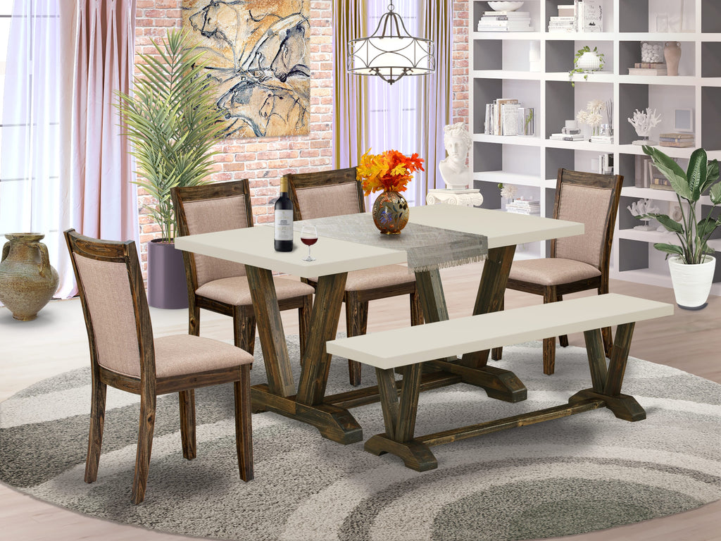 East West Furniture V726MZ716-6 6 Piece Dinette Set Contains a Rectangle Dining Table with V-Legs and 4 Dark Khaki Linen Fabric Parson Chairs with a Bench, 36x60 Inch, Multi-Color