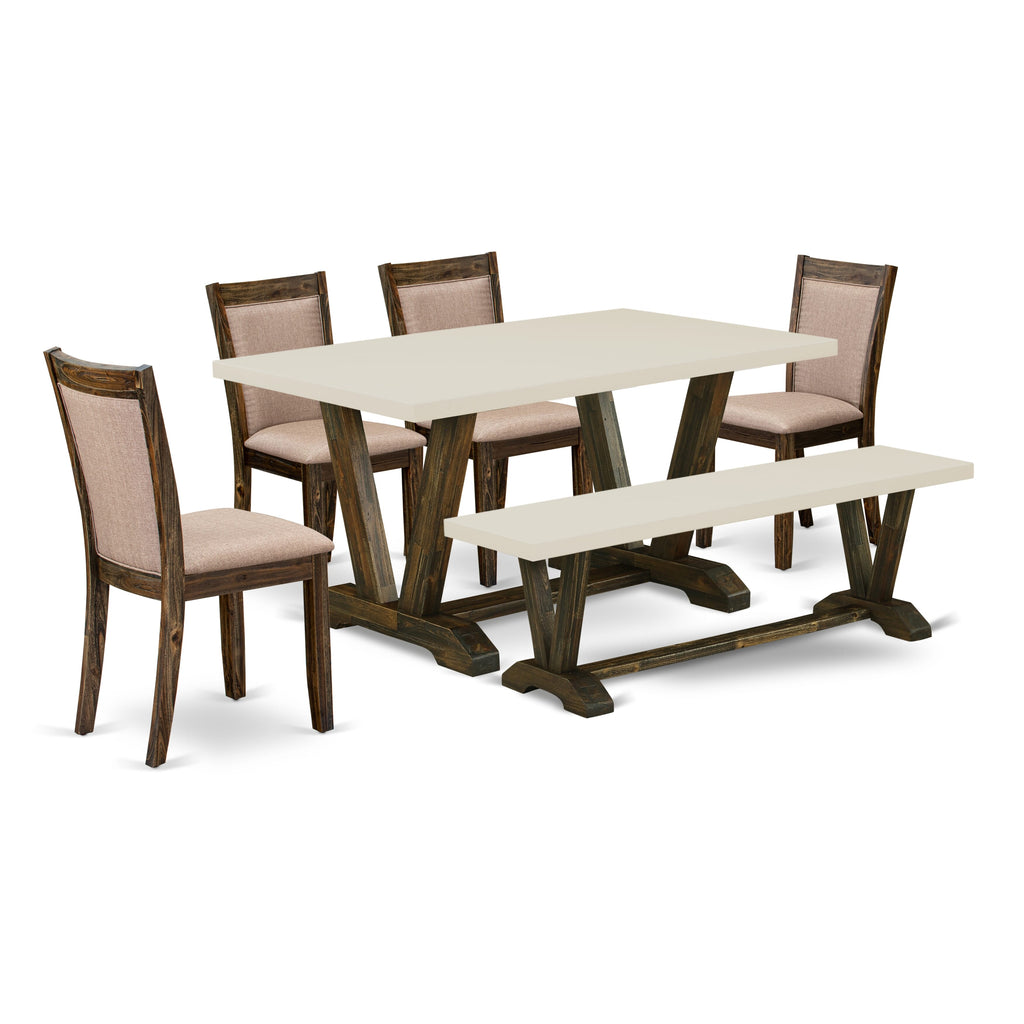 East West Furniture V726MZ716-6 6 Piece Dinette Set Contains a Rectangle Dining Table with V-Legs and 4 Dark Khaki Linen Fabric Parson Chairs with a Bench, 36x60 Inch, Multi-Color