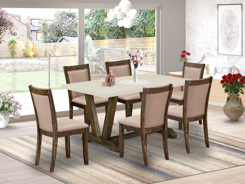 East West Furniture V726MZ716-7 7 Piece Dining Table Set Consist of a Rectangle Dining Room Table with V-Legs and 6 Dark Khaki Linen Fabric Upholstered Chairs, 36x60 Inch, Multi-Color