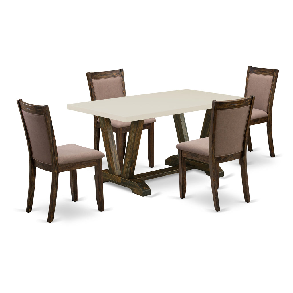 East West Furniture V726MZ748-5 5 Piece Dining Room Furniture Set Includes a Rectangle Dining Table with V-Legs and 4 Coffee Linen Fabric Upholstered Chairs, 36x60 Inch, Multi-Color