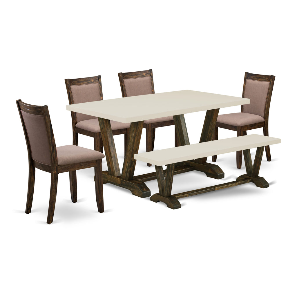 East West Furniture V726MZ748-6 6 Piece Dining Room Set Contains a Rectangle Dining Table with V-Legs and 4 Coffee Linen Fabric Parson Chairs with a Bench, 36x60 Inch, Multi-Color