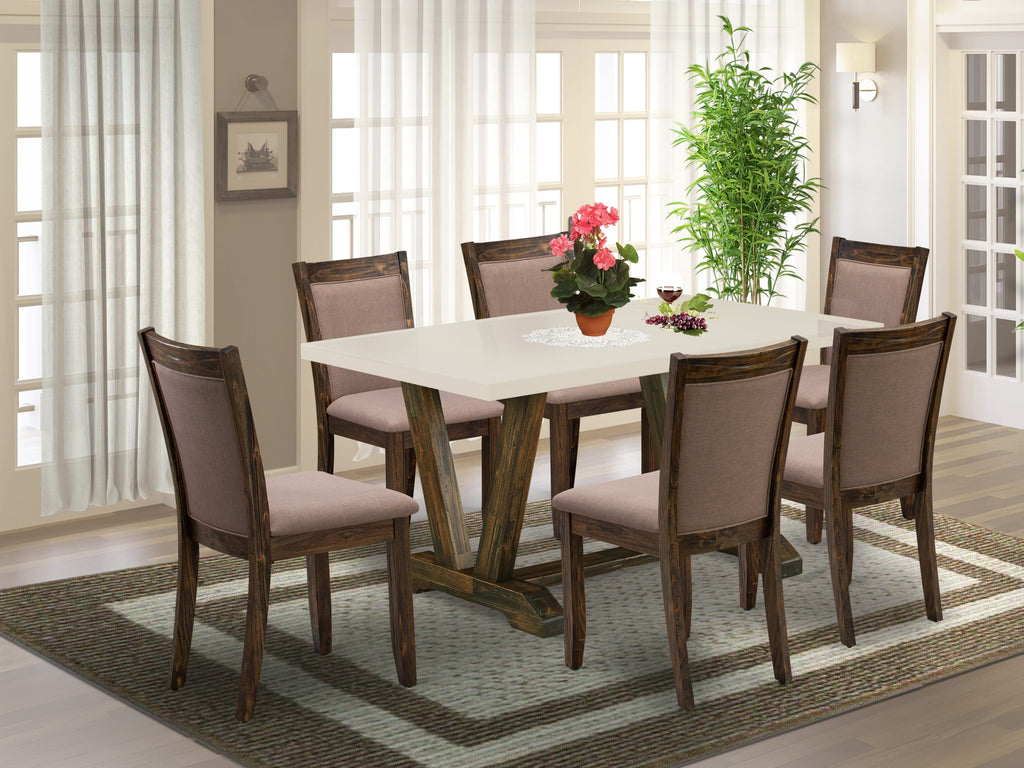 East West Furniture V726MZ748-7 7 Piece Modern Dining Table Set Consist of a Rectangle Wooden Table with V-Legs and 6 Coffee Linen Fabric Upholstered Chairs, 36x60 Inch, Multi-Color