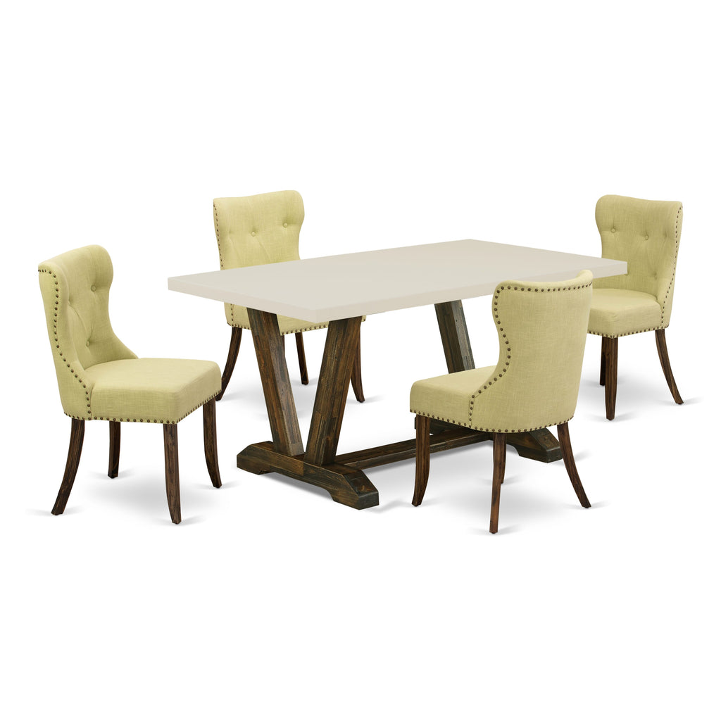 East West Furniture V726SI737-5 5-Pc Kitchen Dining Room Set- 4 Parson Dining Room Chairs with Limelight Linen Fabric Seat and Button Tufted Chair Back - Rectangular Table Top & Wooden Legs - Linen White and Distressed Jacobean Finish