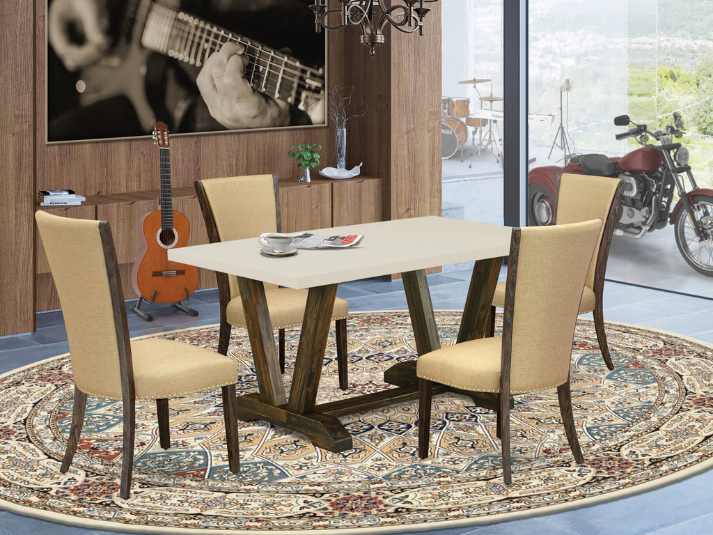 East West Furniture V726VE703-5 5 Piece Dining Room Table Set Includes a Rectangle Dining Table with V-Legs and 4 Brown Linen Fabric Upholstered Parson Chairs, 36x60 Inch, Multi-Color