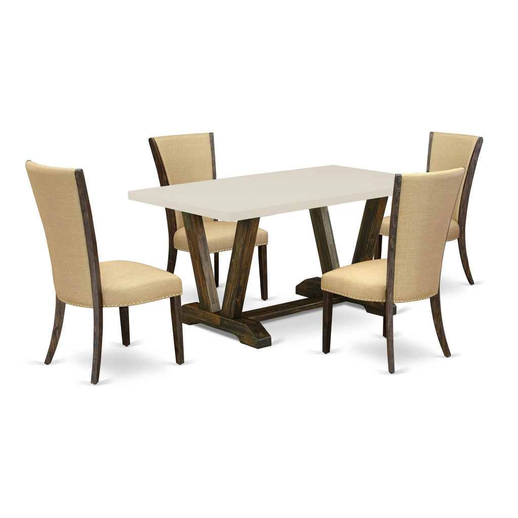 East West Furniture V726VE703-5 5 Piece Dining Room Table Set Includes a Rectangle Dining Table with V-Legs and 4 Brown Linen Fabric Upholstered Parson Chairs, 36x60 Inch, Multi-Color