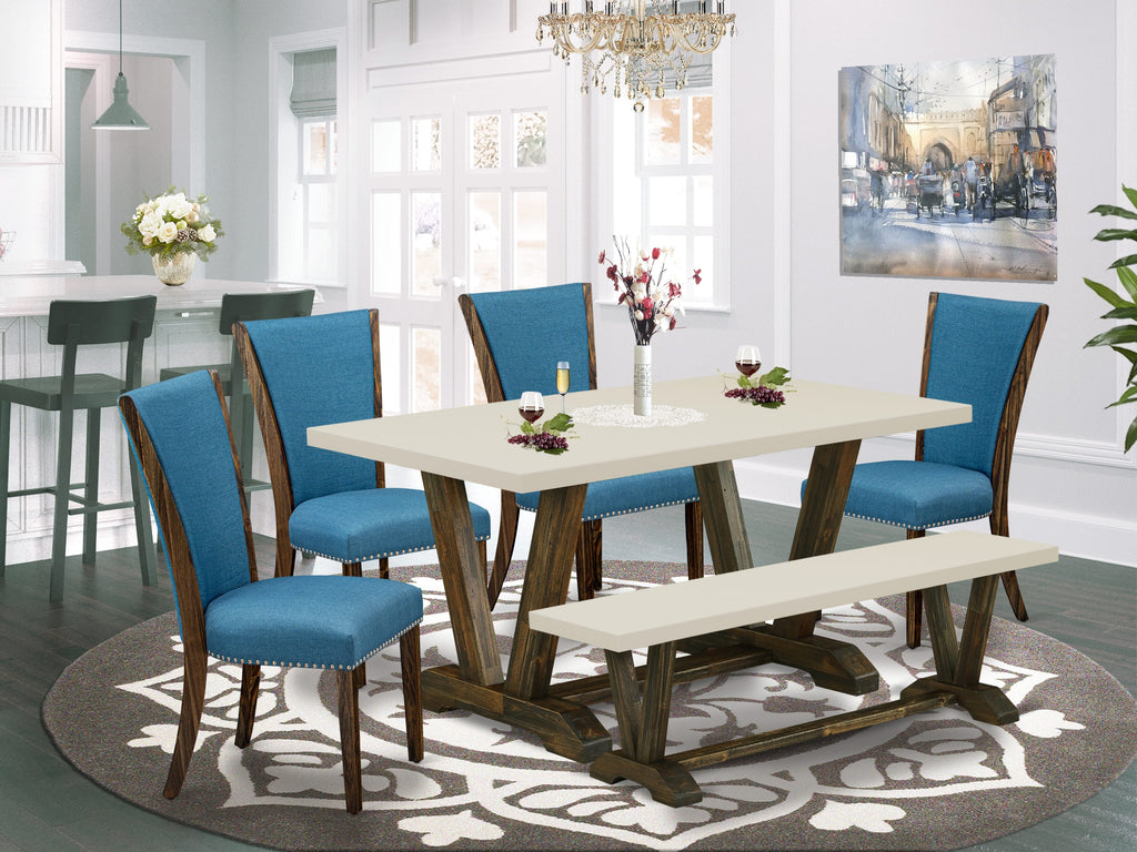 East West Furniture V726VE721-6 6 Piece Dining Set Contains a Rectangle Dining Room Table with V-Legs and 4 Blue Color Linen Fabric Upholstered Chairs with a Bench, 36x60 Inch, Multi-Color