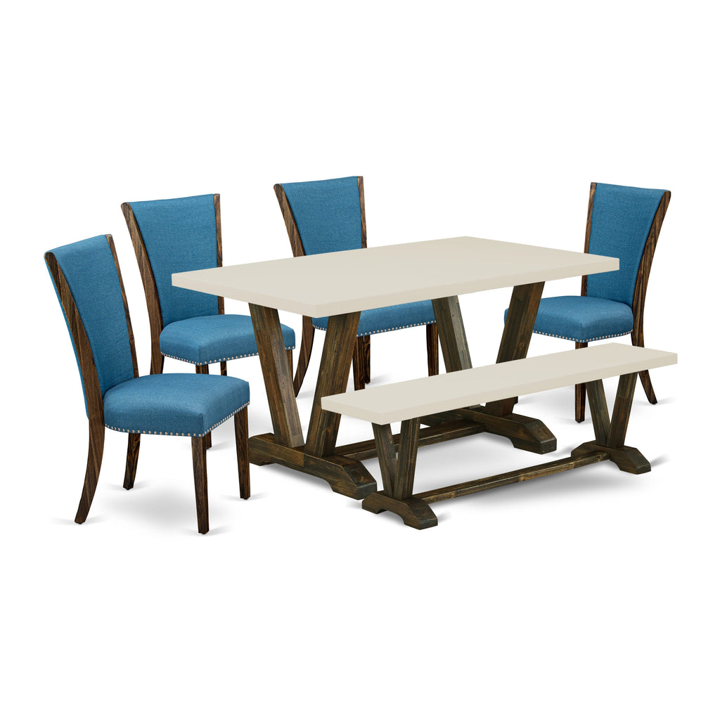 East West Furniture V726VE721-6 6 Piece Dining Set Contains a Rectangle Dining Room Table with V-Legs and 4 Blue Color Linen Fabric Upholstered Chairs with a Bench, 36x60 Inch, Multi-Color