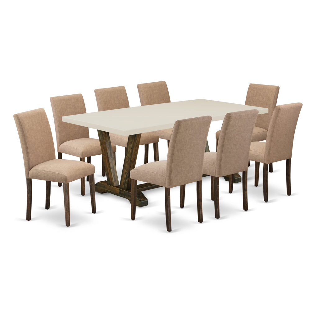 East West Furniture V727AB747-9 9 Piece Dining Table Set Includes a Rectangle Dining Room Table with V-Legs and 8 Light Sable Linen Fabric Upholstered Chairs, 40x72 Inch, Multi-Color