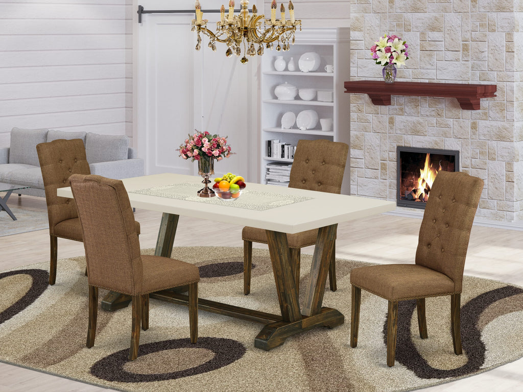 East West Furniture V727EL718-5 5 Piece Dining Table Set Includes a Rectangle Dining Room Table with V-Legs and 4 Brown Linen Linen Fabric Parsons Chairs, 40x72 Inch, Multi-Color