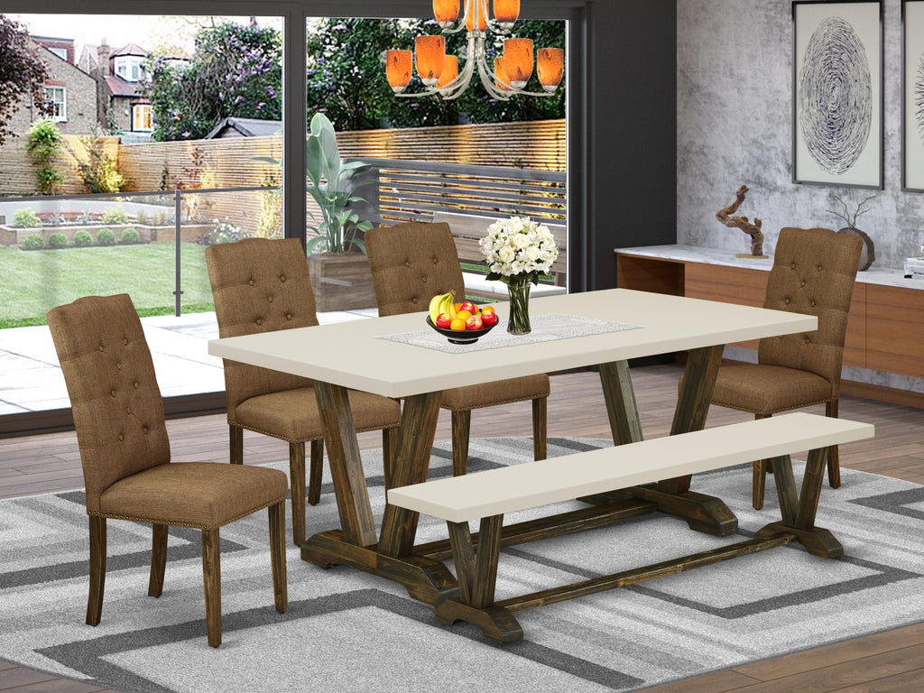 East West Furniture V727EL718-6 6 Piece Dining Table Set Contains a Rectangle Kitchen Table with V-Legs and 4 Brown Linen Linen Fabric Parson Chairs with a Bench, 40x72 Inch, Multi-Color