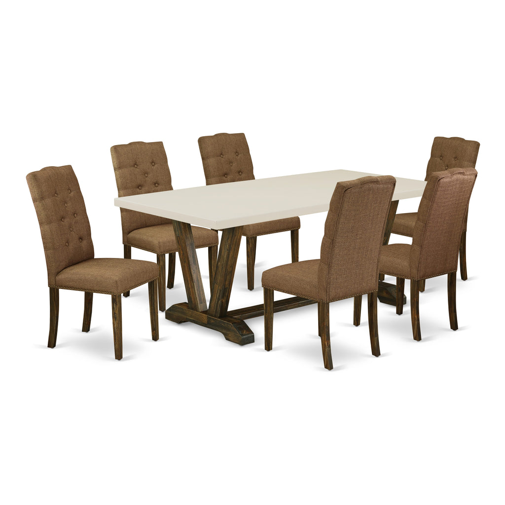 East West Furniture V727EL718-7 7 Piece Modern Dining Table Set Consist of a Rectangle Wooden Table with V-Legs and 6 Brown Linen Linen Fabric Parson Dining Chairs, 40x72 Inch, Multi-Color
