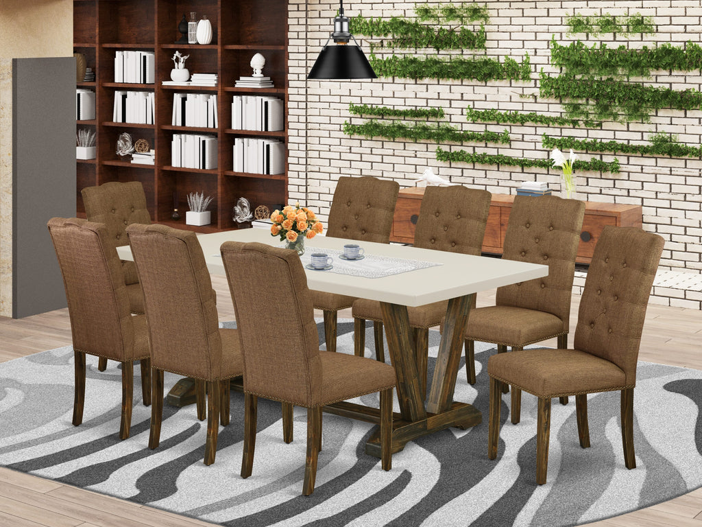 East West Furniture V727EL718-9 9 Piece Kitchen Table Set Includes a Rectangle Dining Table with V-Legs and 8 Brown Linen Linen Fabric Parson Dining Room Chairs, 40x72 Inch, Multi-Color