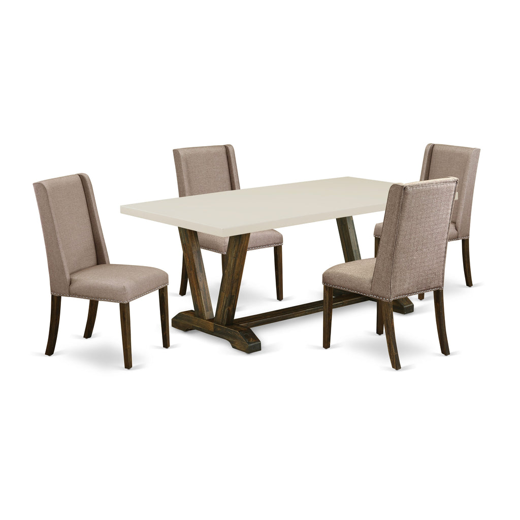 East West Furniture V727FL716-5 5 Piece Dining Room Furniture Set Includes a Rectangle Dining Table with V-Legs and 4 Dark Khaki Linen Fabric Upholstered Chairs, 40x72 Inch, Multi-Color