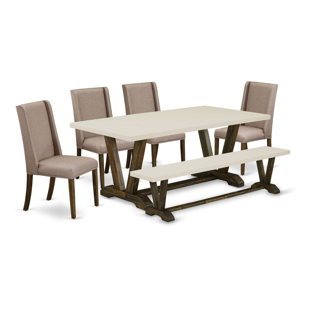 East West Furniture V727FL716-6 6 Piece Dining Table Set Contains a Rectangle Dining Room Table with V-Legs and 4 Dark Khaki Linen Fabric Parson Chairs with a Bench, 40x72 Inch, Multi-Color
