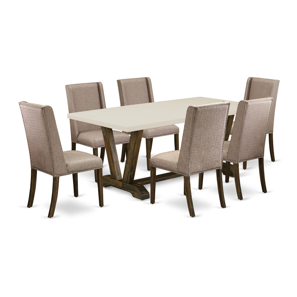 East West Furniture V727FL716-7 7 Piece Dining Room Table Set Consist of a Rectangle Kitchen Table with V-Legs and 6 Dark Khaki Linen Fabric Parson Dining Chairs, 40x72 Inch, Multi-Color
