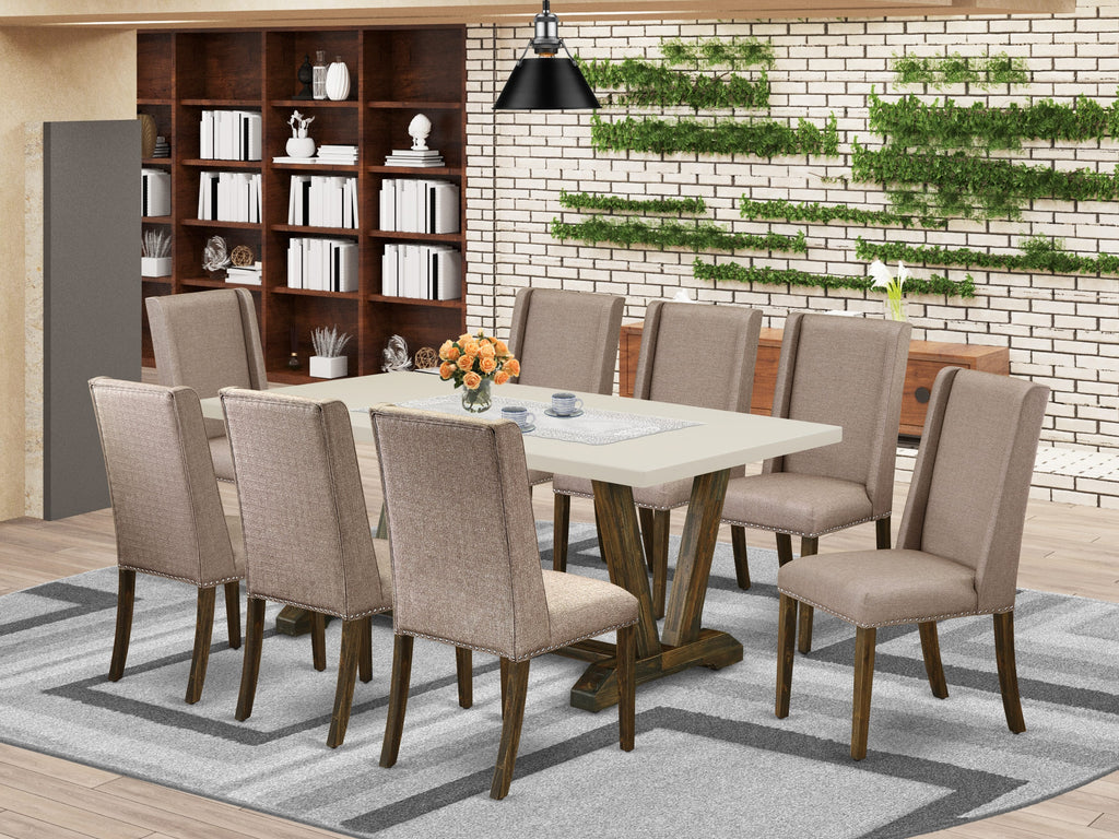 East West Furniture V727FL716-9 9 Piece Modern Dining Table Set Includes a Rectangle Wooden Table with V-Legs and 8 Dark Khaki Linen Fabric Parsons Dining Chairs, 40x72 Inch, Multi-Color