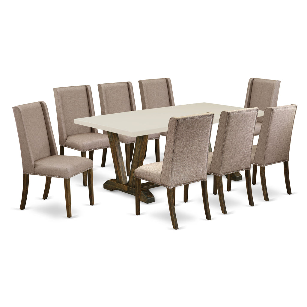 East West Furniture V727FL716-9 9 Piece Modern Dining Table Set Includes a Rectangle Wooden Table with V-Legs and 8 Dark Khaki Linen Fabric Parsons Dining Chairs, 40x72 Inch, Multi-Color