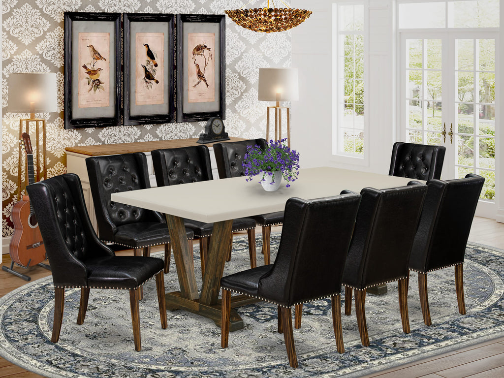 East West Furniture V727FO749-9 9 Piece Modern Dining Table Set Includes a Rectangle Wooden Table with V-Legs and 8 Black Faux Leather Upholstered Chairs, 40x72 Inch, Multi-Color