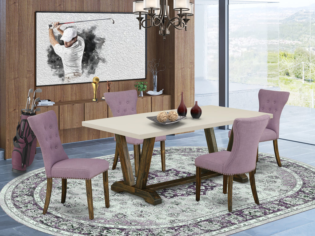 East West Furniture V727GA740-5 5 Piece Kitchen Table & Chairs Set Includes a Rectangle Dining Room Table with V-Legs and 4 Dahlia Linen Fabric Parsons Chairs, 40x72 Inch, Multi-Color