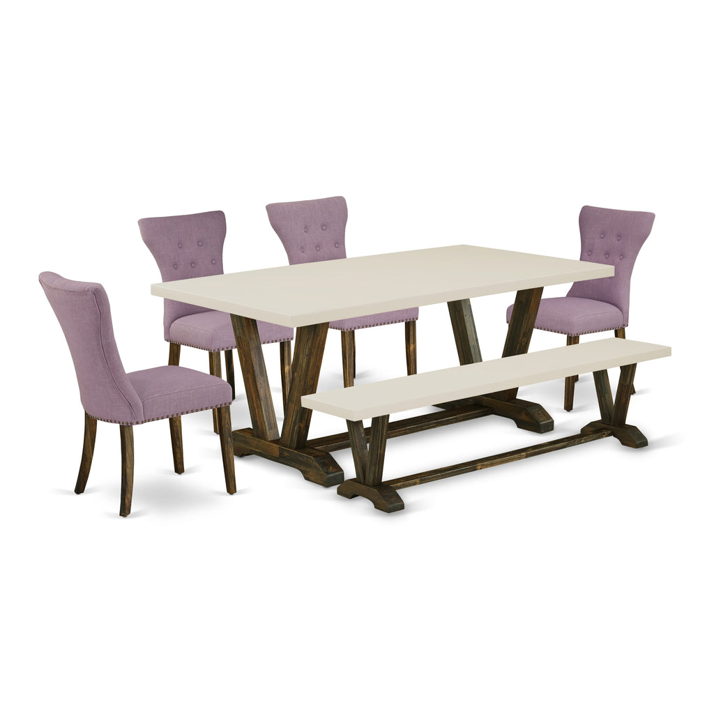 East West Furniture V727GA740-6 6 Piece Dining Room Set Contains a Rectangle Dining Table with V-Legs and 4 Dahlia Linen Fabric Parson Chairs with a Bench, 40x72 Inch, Multi-Color