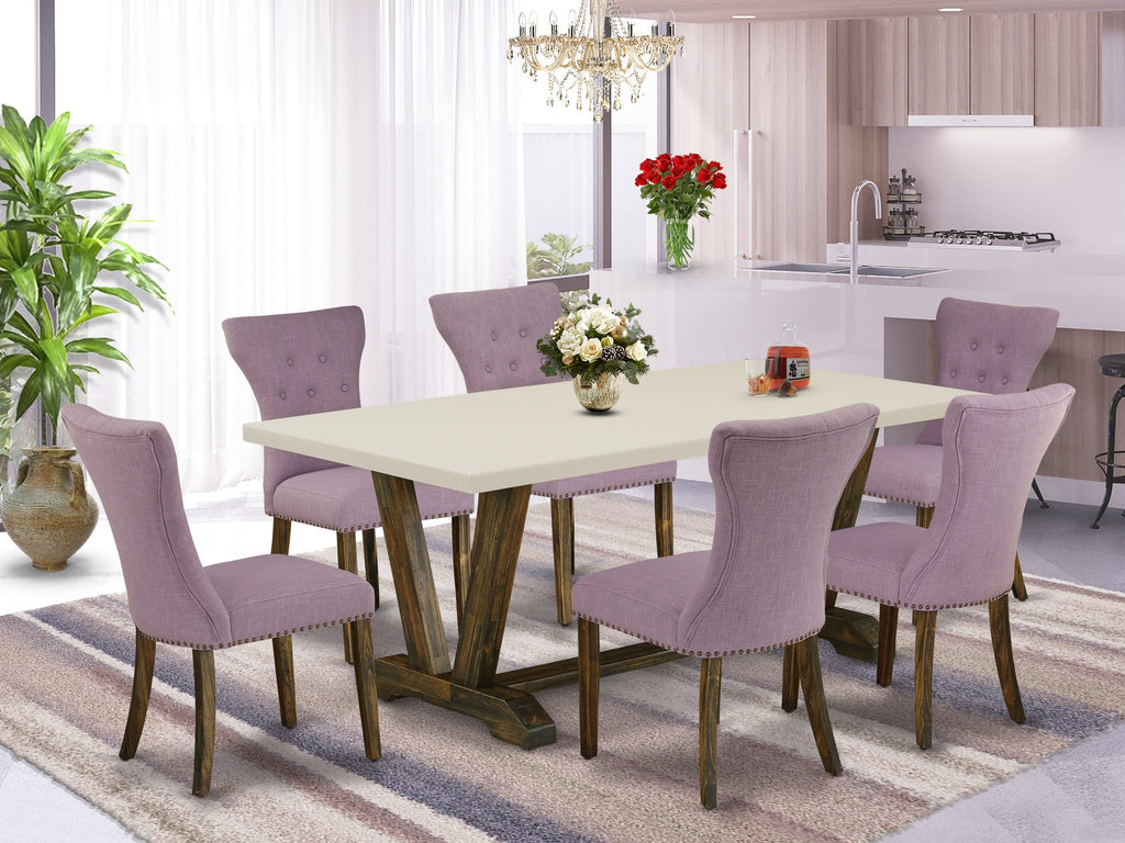 East West Furniture V727GA740-7 7 Piece Modern Dining Table Set Consist of a Rectangle Wooden Table with V-Legs and 6 Dahlia Linen Fabric Parson Dining Chairs, 40x72 Inch, Multi-Color