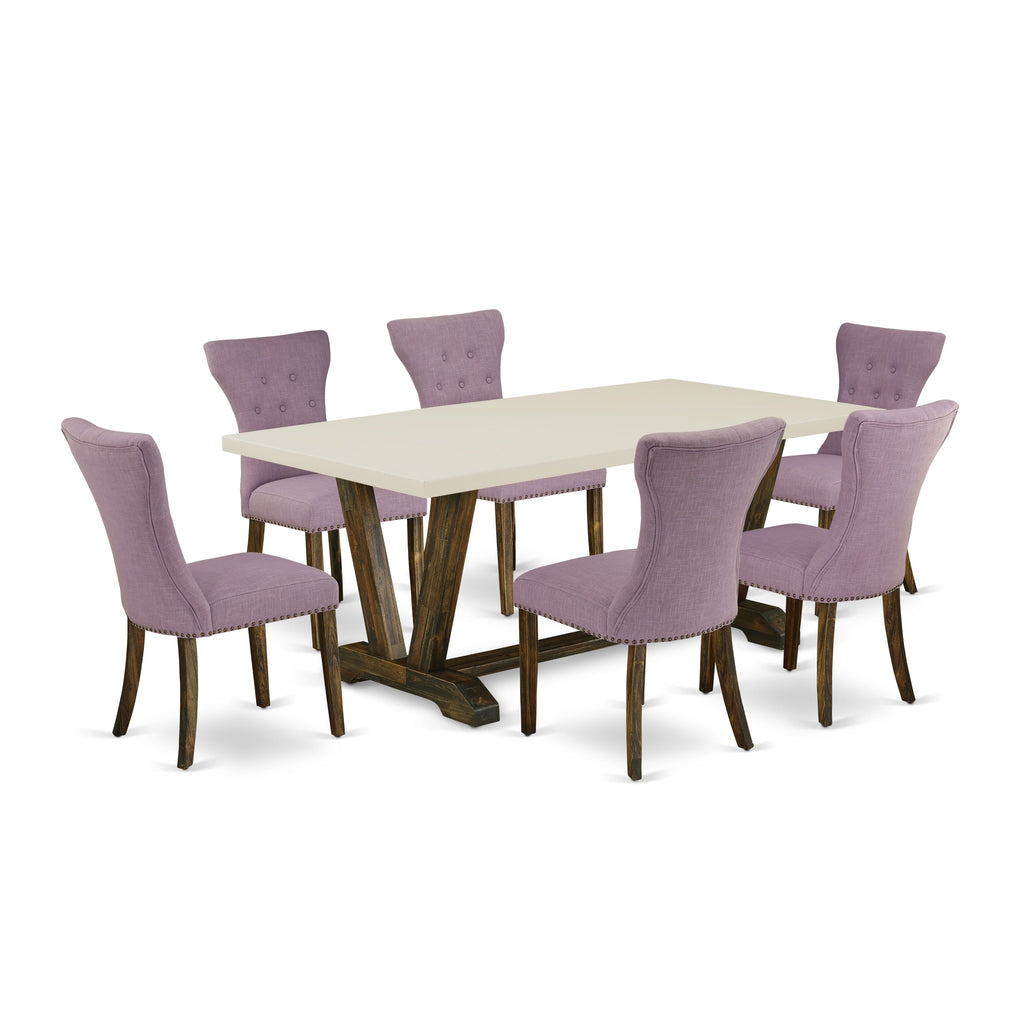 East West Furniture V727GA740-7 7 Piece Modern Dining Table Set Consist of a Rectangle Wooden Table with V-Legs and 6 Dahlia Linen Fabric Parson Dining Chairs, 40x72 Inch, Multi-Color