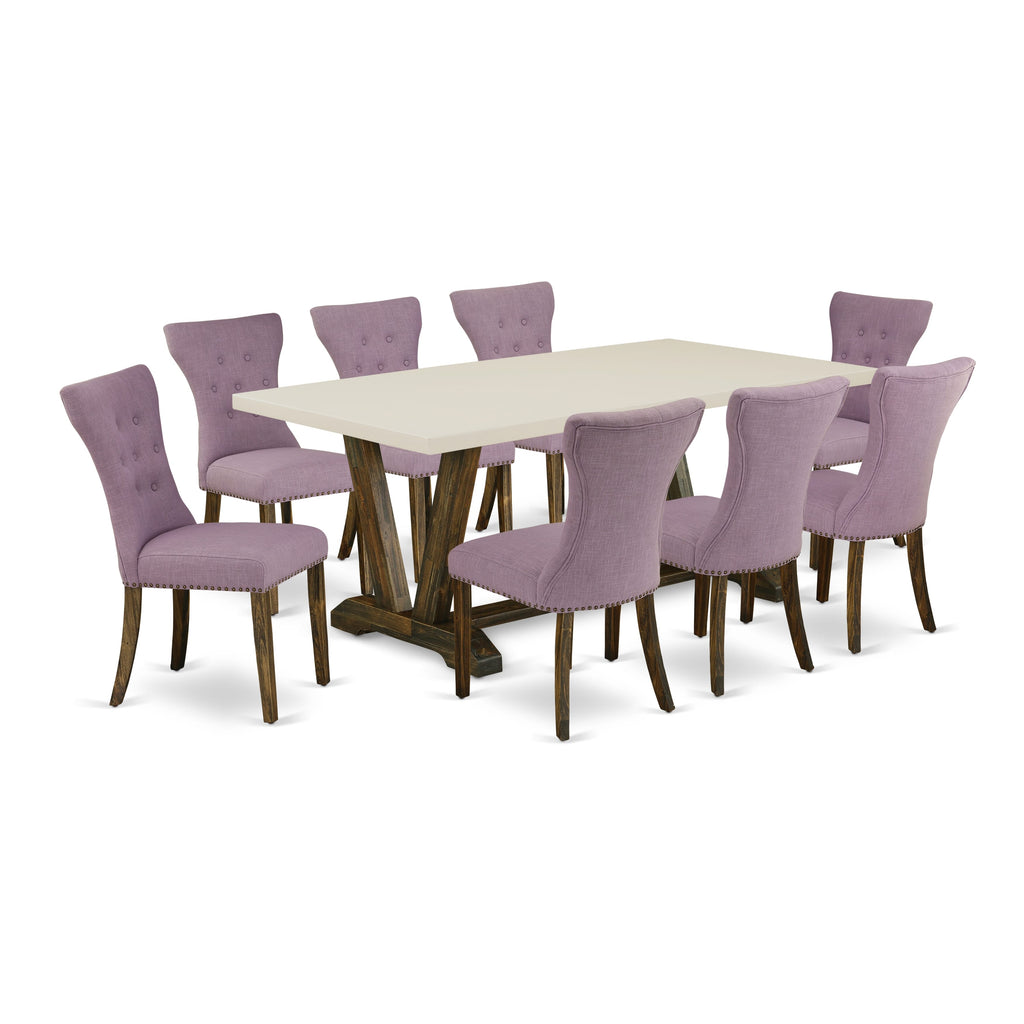 East West Furniture V727GA740-9 9 Piece Modern Dining Table Set Includes a Rectangle Dining Room Table with V-Legs and 8 Dahlia Linen Fabric Parsons Chairs, 40x72 Inch, Multi-Color