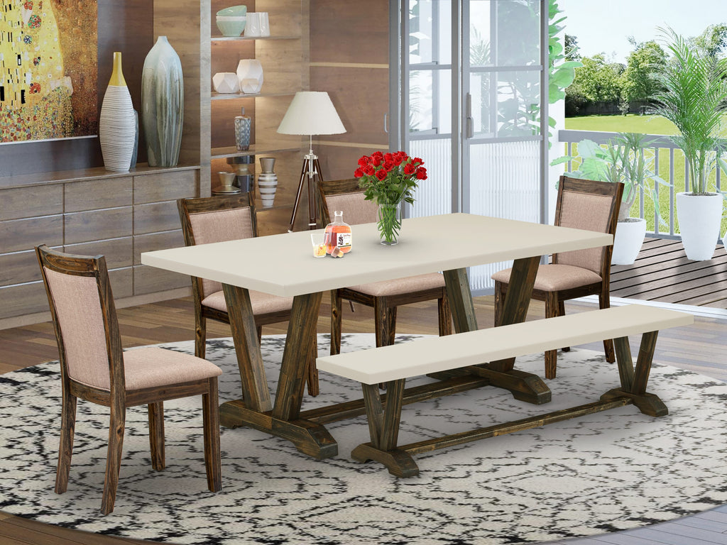 East West Furniture V727MZ716-6 6 Piece Dining Set Contains a Rectangle Dining Room Table with V-Legs and 4 Dark Khaki Linen Fabric Upholstered Chairs with a Bench, 40x72 Inch, Multi-Color
