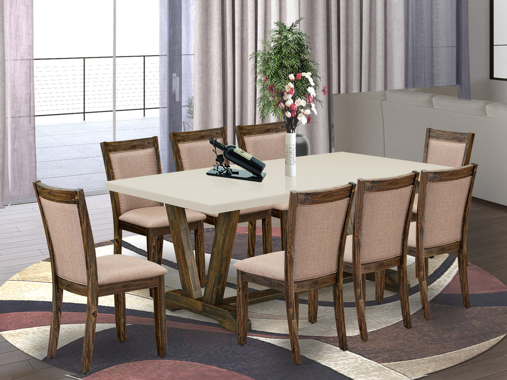 East West Furniture V727MZ716-9 9 Piece Kitchen Table & Chairs Set Includes a Rectangle Dining Room Table with V-Legs and 8 Dark Khaki Linen Fabric Parson Chairs, 40x72 Inch, Multi-Color