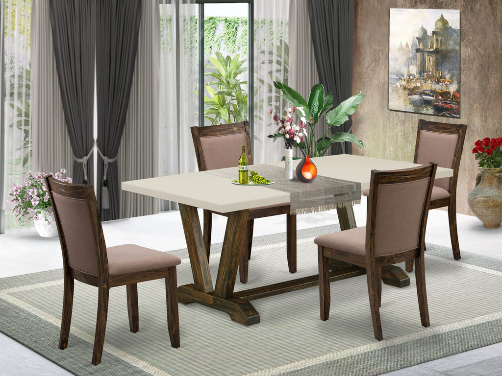 East West Furniture V727MZ748-5 5 Piece Dining Room Furniture Set Includes a Rectangle Dining Table with V-Legs and 4 Coffee Linen Fabric Upholstered Chairs, 40x72 Inch, Multi-Color