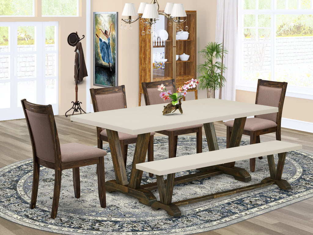 East West Furniture V727MZ748-6 6 Piece Dinette Set Contains a Rectangle Dining Room Table with V-Legs and 4 Coffee Linen Fabric Parson Chairs with a Bench, 40x72 Inch, Multi-Color