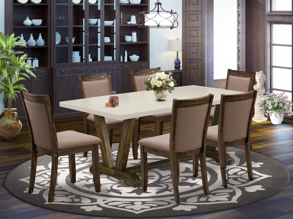 East West Furniture V727MZ748-7 7 Piece Dining Table Set Consist of a Rectangle Dining Room Table with V-Legs and 6 Coffee Linen Fabric Parsons Chairs, 40x72 Inch, Multi-Color