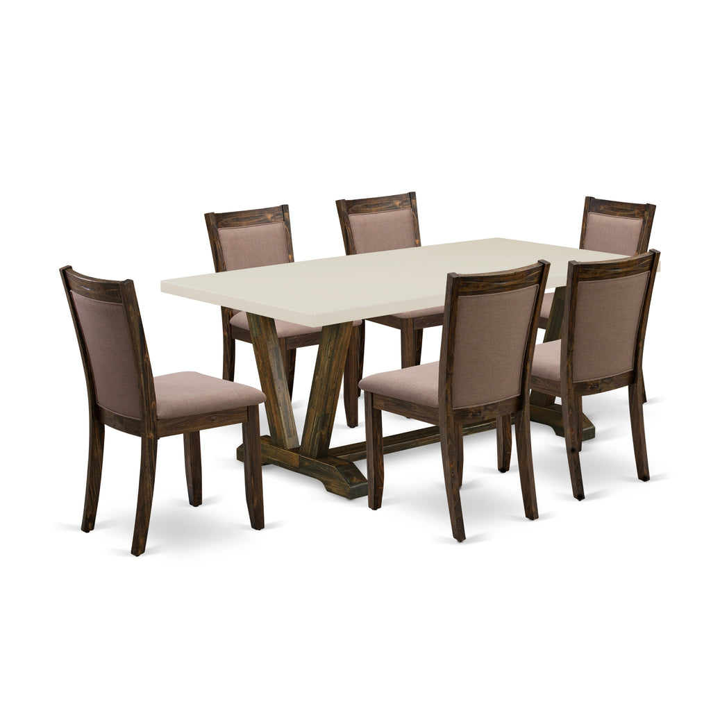 East West Furniture V727MZ748-7 7 Piece Dining Table Set Consist of a Rectangle Dining Room Table with V-Legs and 6 Coffee Linen Fabric Parsons Chairs, 40x72 Inch, Multi-Color